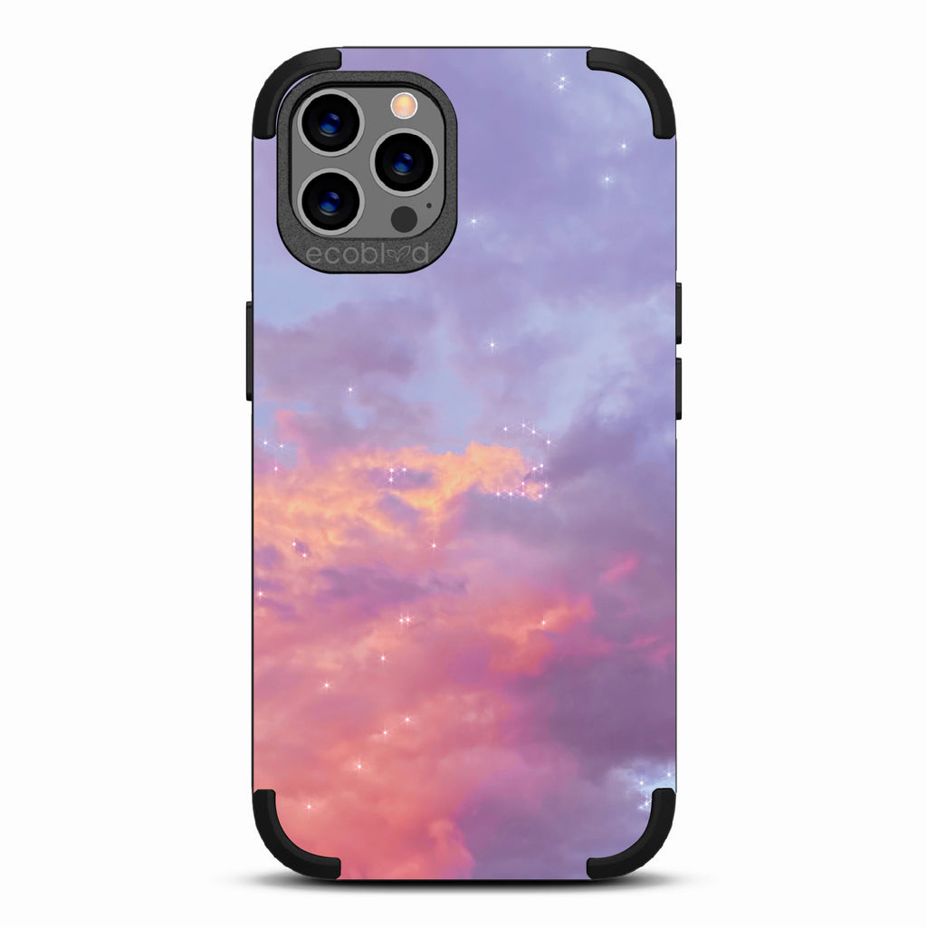 Star Crossed Lovers - Black Rugged Eco-Friendly iPhone 12/12 Pro Case With Cloudy Pastel Sunset With Stars  On Back