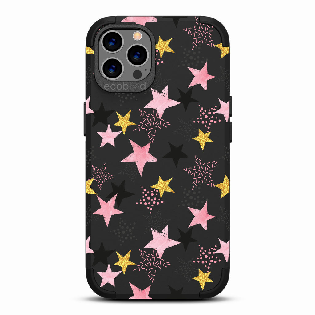  Champagne Supernova - Black Rugged Eco-Friendly iPhone 12/12  Case With Pink, Black & Gold Stars In Solid & Polka Dot Patterns
