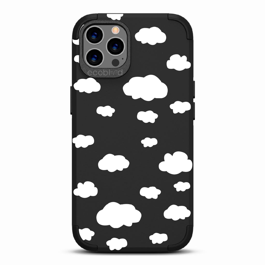 Clouds - Black Rugged Eco-Friendly iPhone 12/12 Pro Case With A Fluffy White Cartoon Clouds Print On Back