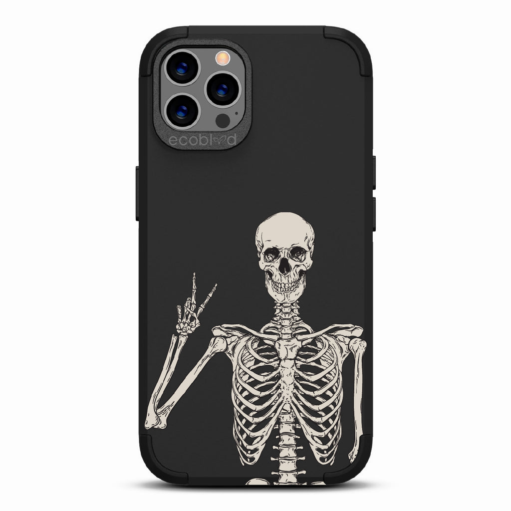 Creeping It Real - Black Rugged Eco-Friendly iPhone 12/12 Pro Case With Skeleton Giving A Peace Sign On Back