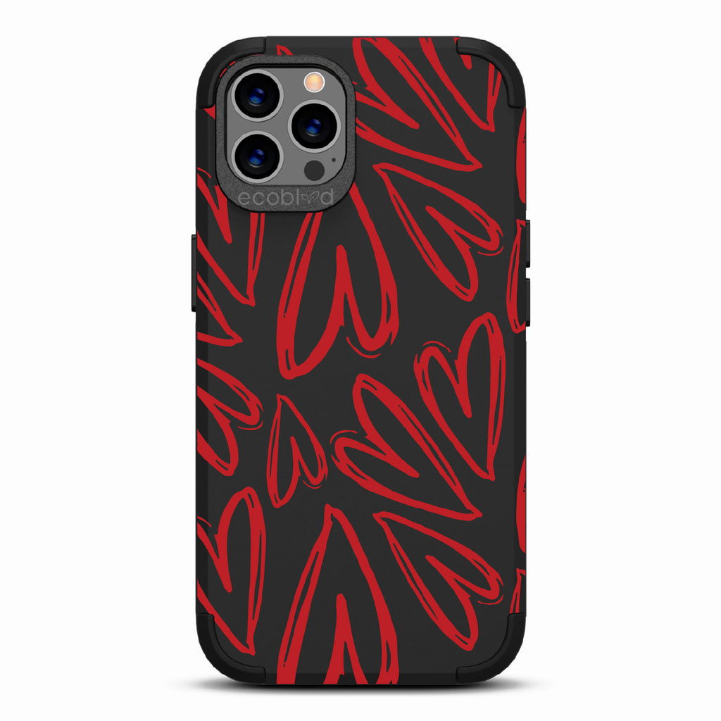 Heartfelt - Black Rugged Eco-Friendly iPhone 12/12 Pro Case With Painted / Sketched Red Hearts On Back