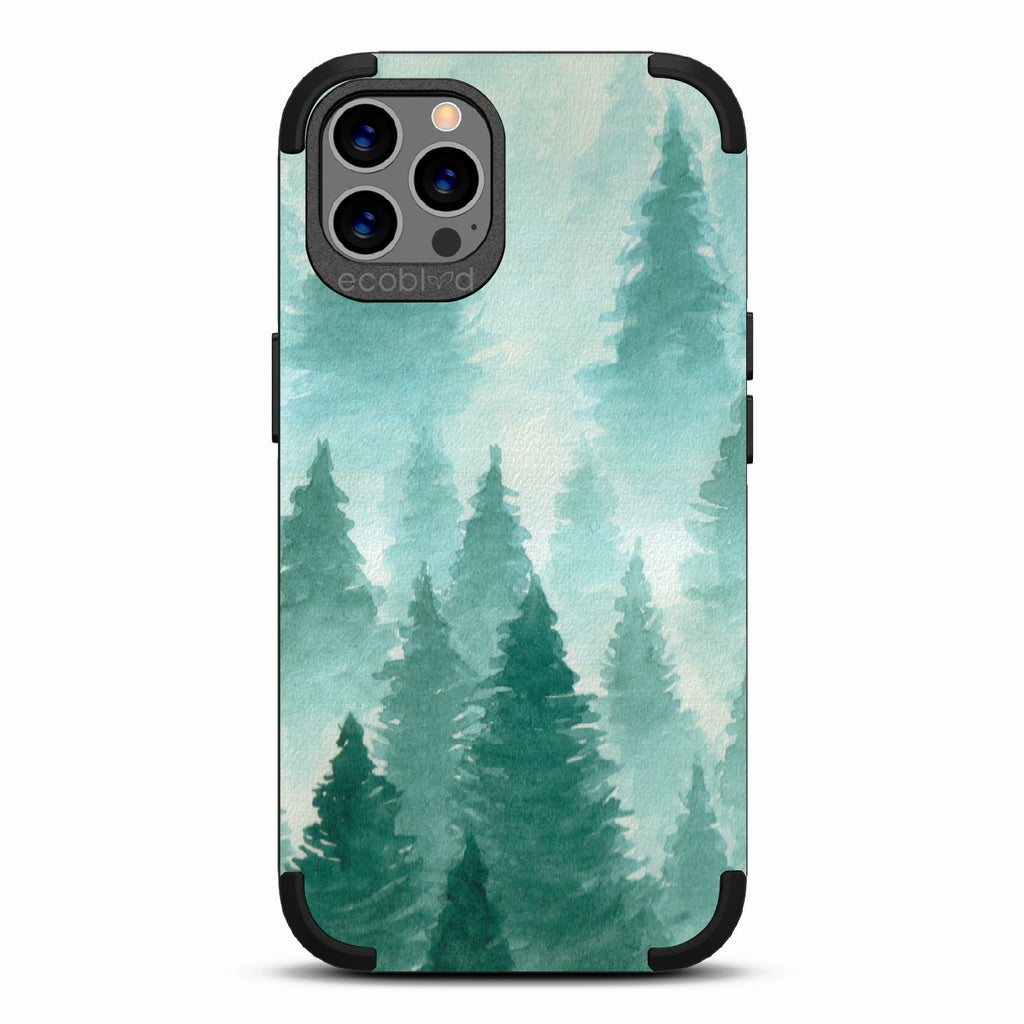 Winter Pine - Black Rugged Eco-Friendly iPhone 12/12 Pro Case With A Watercolor Pine Tree Forest Print On Back