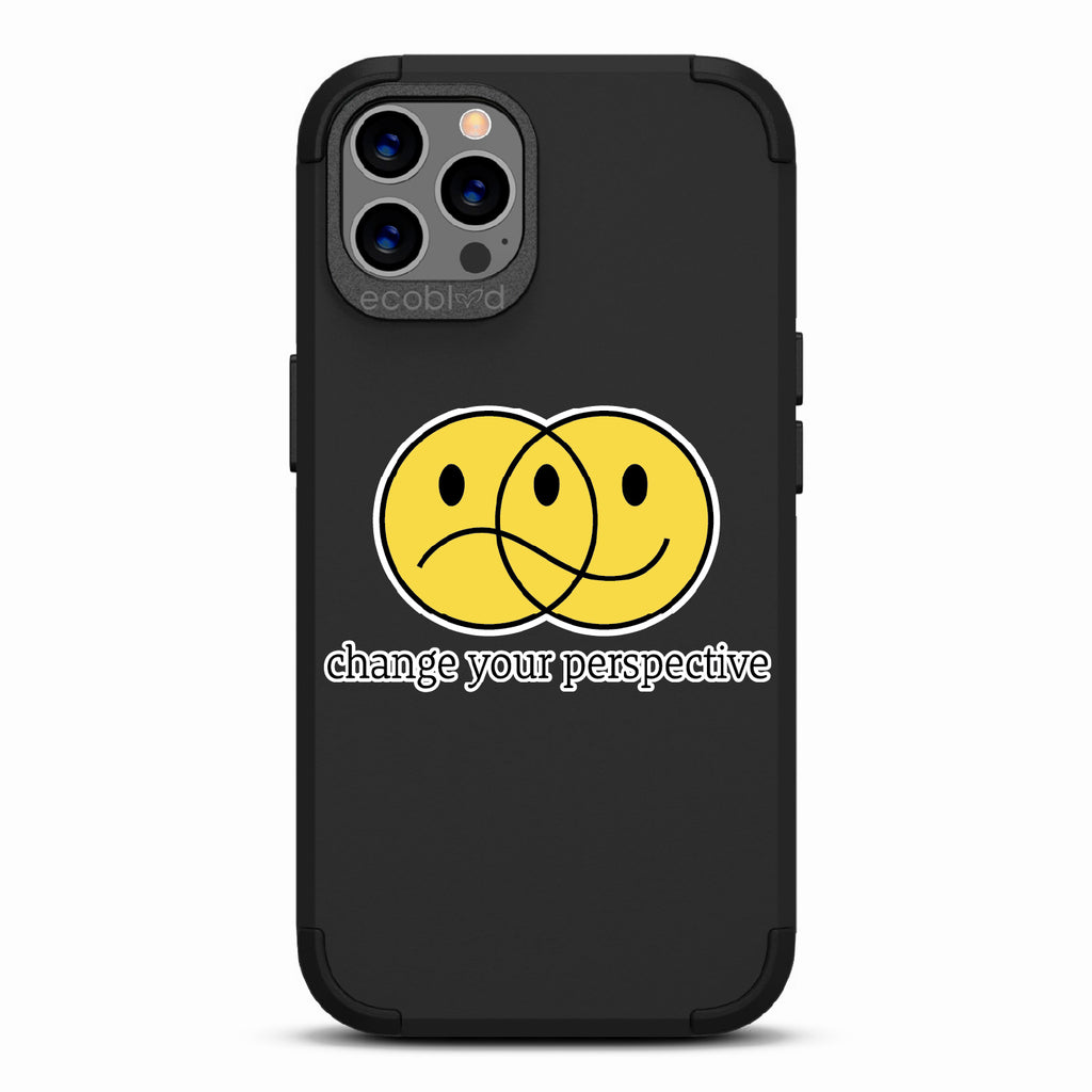 Perspective - Black Rugged Eco-Friendly iPhone 12/12 Pro Case With A Happy/Sad Face & Change Your Perspective On Back