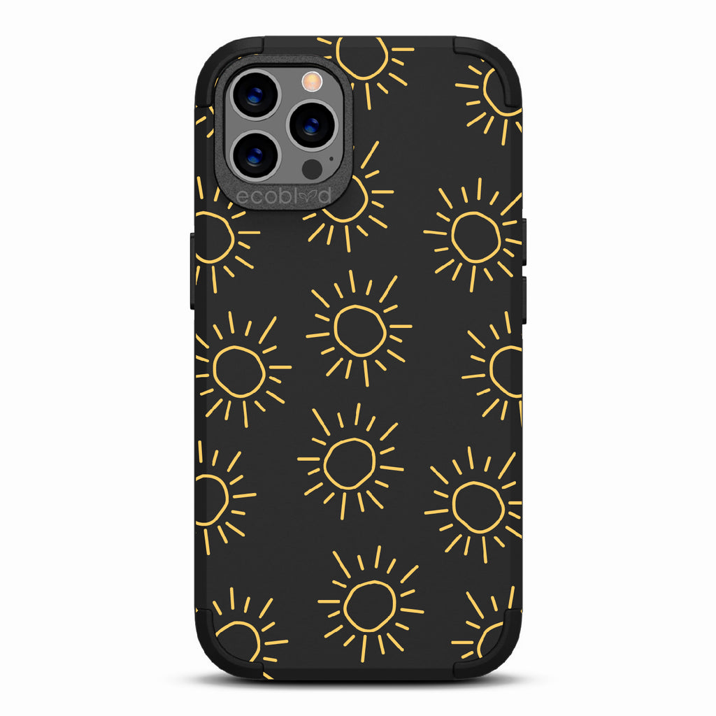 Sun - Black Rugged Eco-Friendly iPhone 12/12 Pro Case With Hand-Drawn Suns  On Back