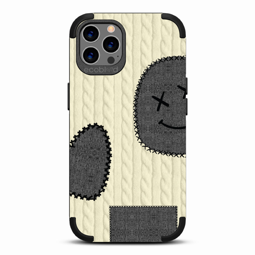 All Patched Up - Cable Knit With Patches of Heart + Happy Face - Black Eco-Friendly Rugged iPhone 12/12 Pro Case  