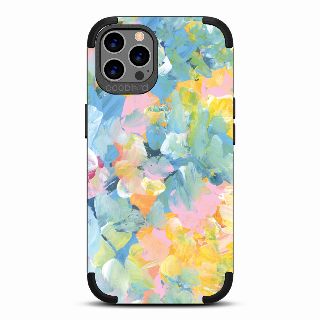 Spring Feeling - Black Rugged Eco-Friendly iPhone 12/12 Pro Case With Pastel Acrylic Abstract Paint Smears & Blots On Back