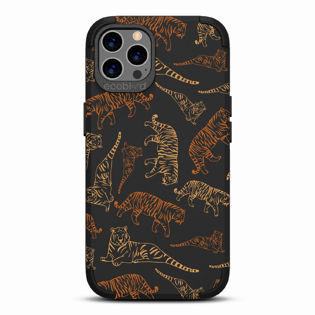 Tiger Pride - Black Rugged Eco-Friendly iPhone 12/12 Pro Case With Jungle Leaves & Orange / Yellow Tiger Outlines On Back