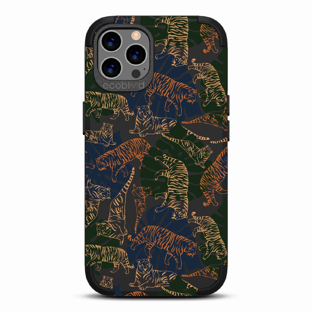 Tropic Roar - Black Rugged Eco-Friendly iPhone 12/12 Pro Case WithJungle Leaves & Orange / Yellow Tiger Outlines On Back