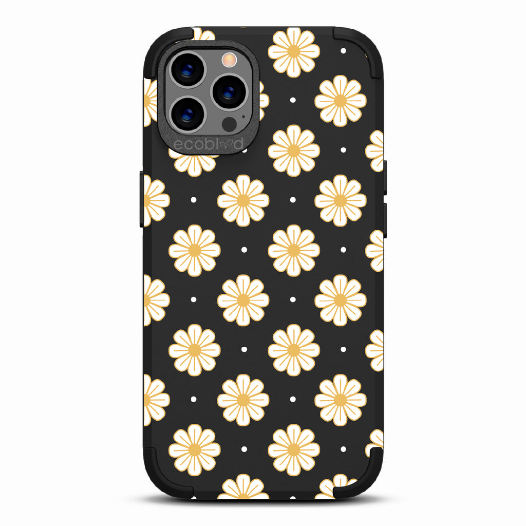 Daisy - Black Rugged Eco-Friendly iPhone 12/12 Pro Case With A White Floral Pattern Of Daisies & Dots On Back