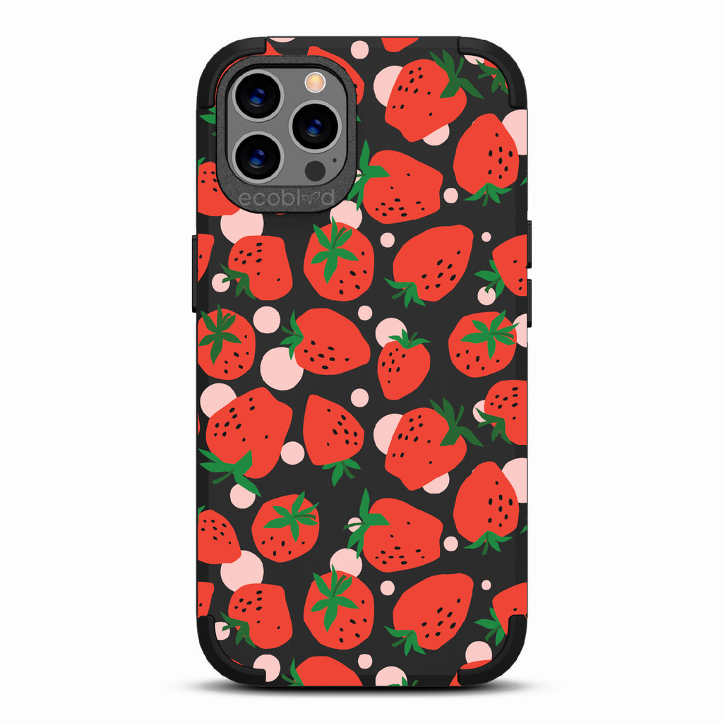 Strawberry Fields - Black Rugged Eco-Friendly iPhone 12/12 Pro Case With Strawberries On Back