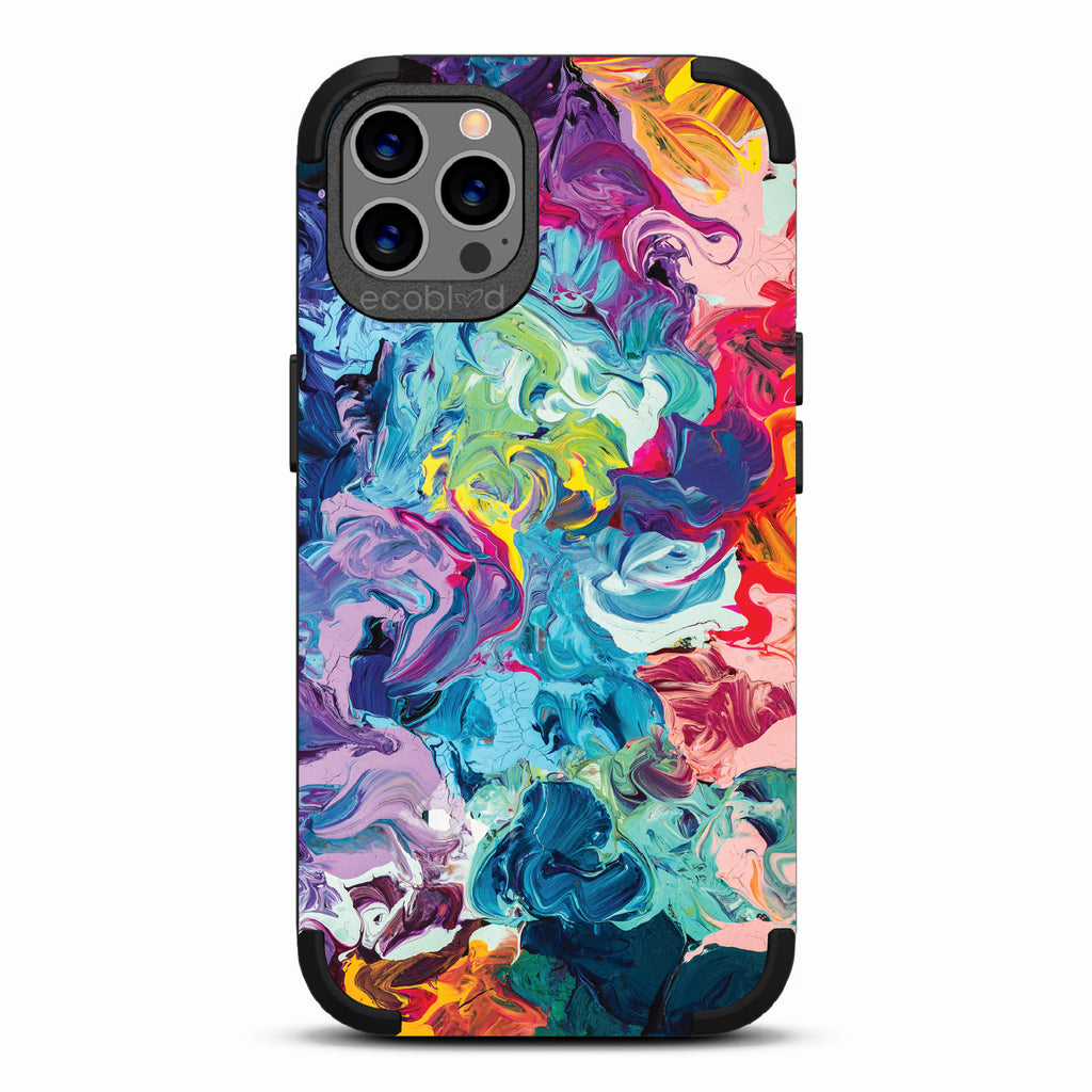 Give It A Swirl  - Black Rugged Eco-Friendly iPhone 12/12 Pro Case With Abstract Colorful Oil Painting On Back