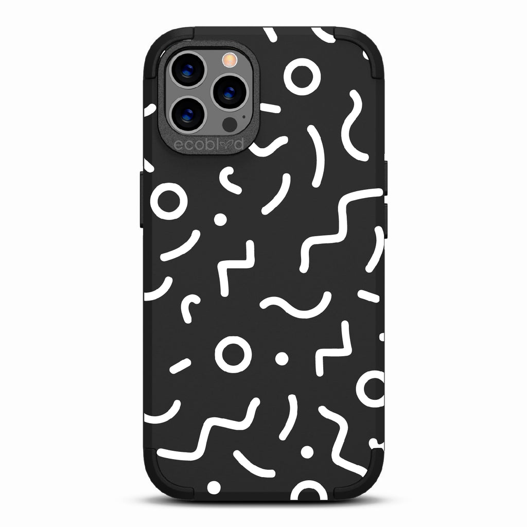90's Kids  - Black Rugged Eco-Friendly iPhone 12/12 Pro Case With Retro 90's Lines & Squiggles On Back