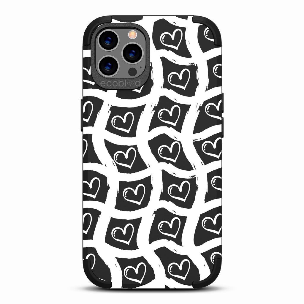 Waves Of Affection - Black Rugged Eco-Friendly iPhone 12/12 Pro Case With Wavy Paint Stroke Checker Print With Hearts On Back