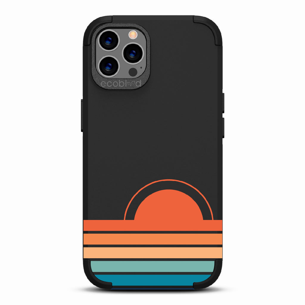 Rise N' Shine  - Black Rugged Eco-Friendly iPhone 12/12 Pro Case With A Sun Rising From Rainbow Stripes On Back