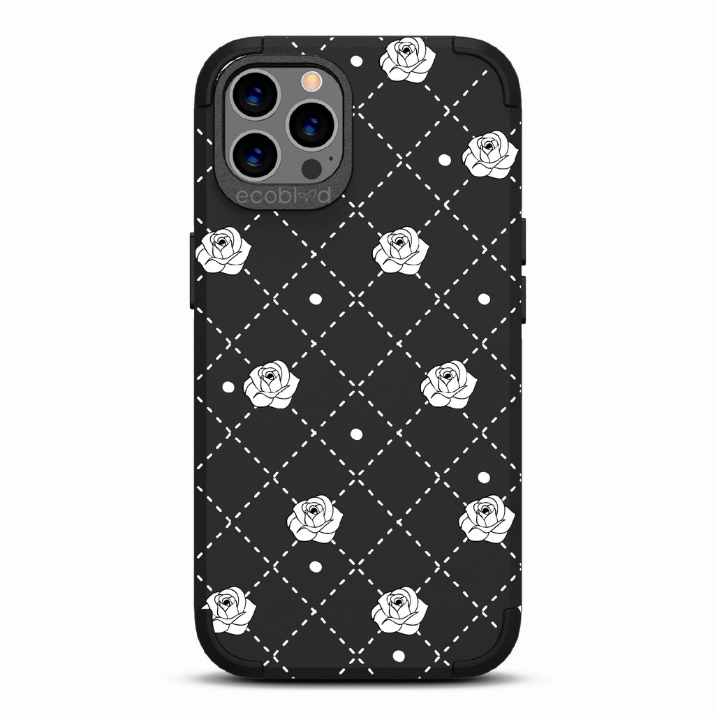 Rose To The Occasion - Black Rugged Eco-Friendly iPhone 12/12 Pro Case With Argyle Print, Black Dots & Black Roses On Back