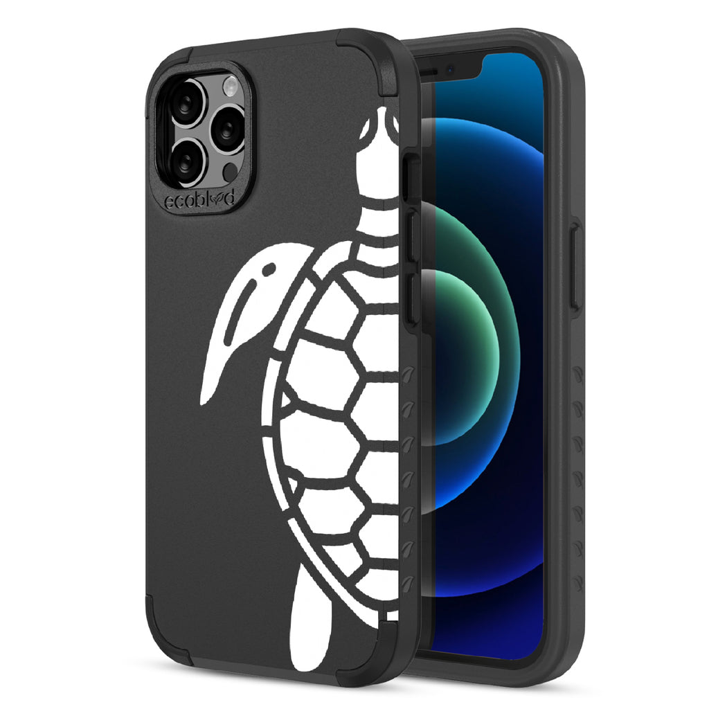 Sea Turtle - Back View Of Black & Eco-Friendly Rugged iPhone 12/12 Pro Case & A Front View Of The Screen