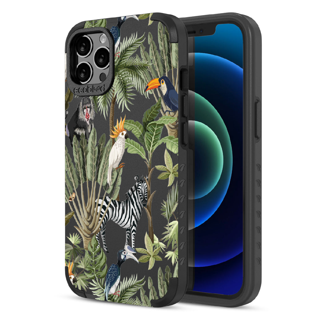 Toucan Play That Game - Back Of Black & Eco-Friendly Rugged iPhone 12/12 Pro Case & A Front View Of The Screen
