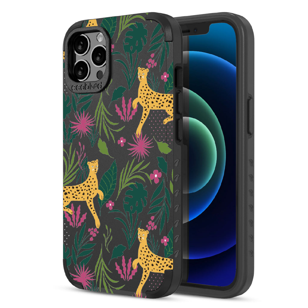 Jungle Boogie - Back Of Black & Eco-Friendly Rugged iPhone 12/12 Pro Case & A Front View Of The Screen