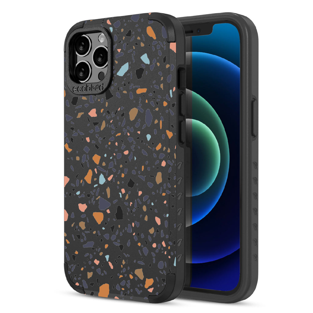 Terrazzo - Back Of Black & Eco-Friendly Rugged iPhone 12/12 Pro Case & A Front View Of The Screen