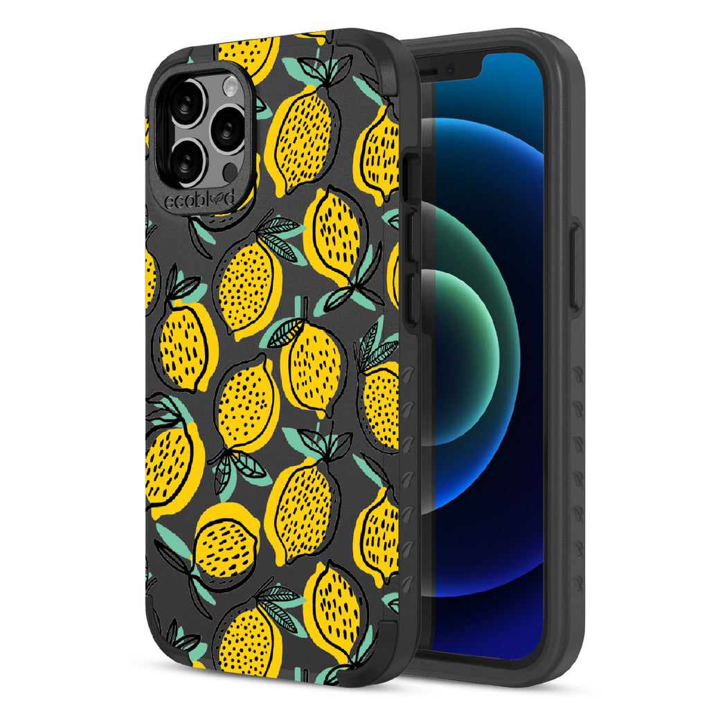 Lemon Drop - Back View Of Black & Eco-Friendly Rugged iPhone 12/12 Pro Case & A Front View Of The Screen
