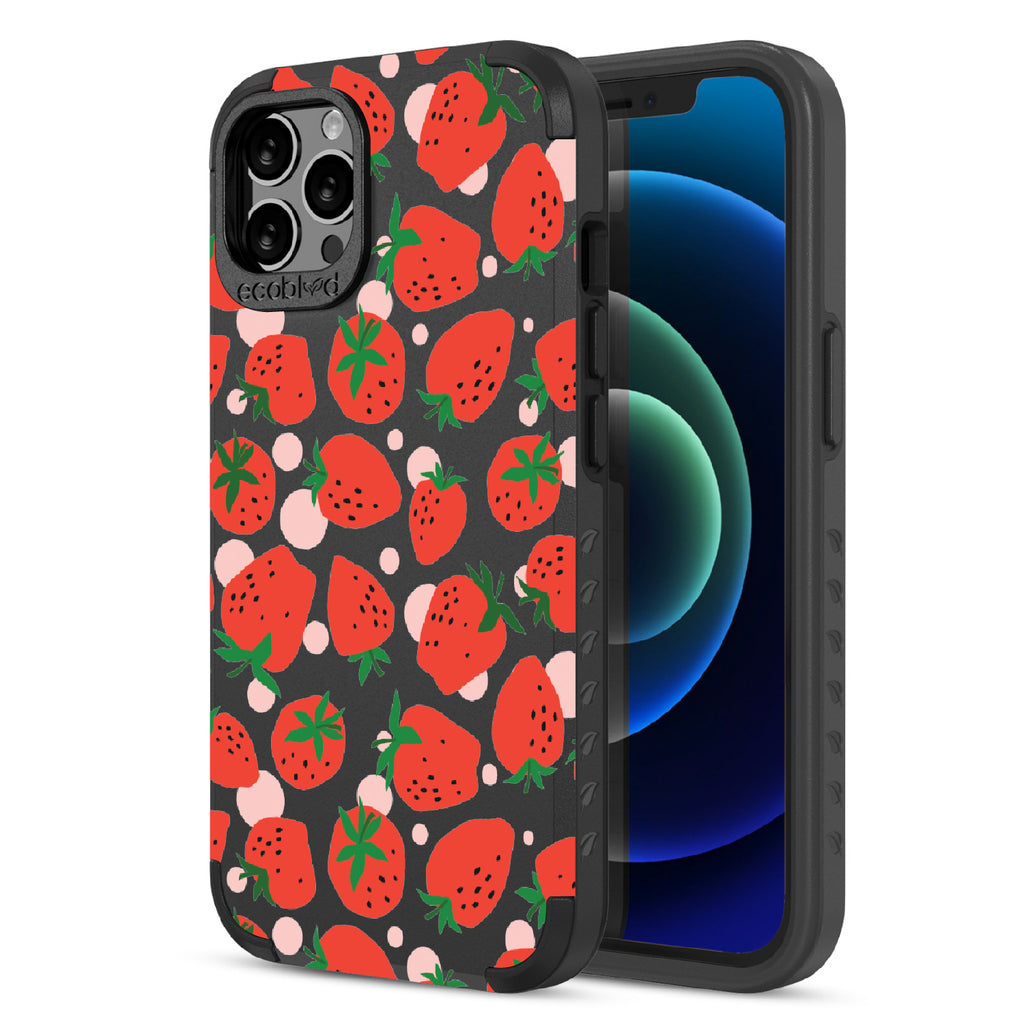 Strawberry Fields - Back View Of Black & Eco-Friendly Rugged iPhone 12/12 Pro Case & A Front View Of The Screen
