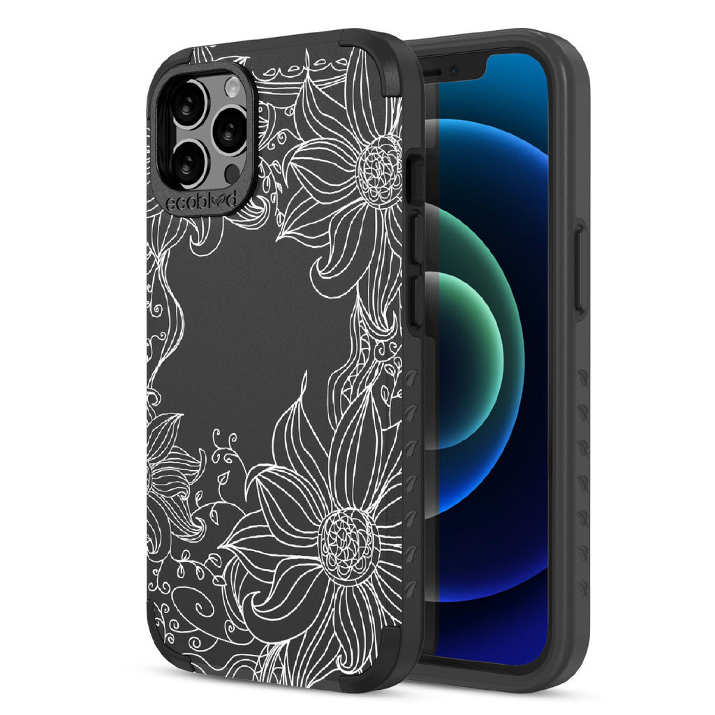 Flower Stencil - Back View Of Black & Eco-Friendly Rugged iPhone 12/12 Pro Case & A Front View Of The Screen