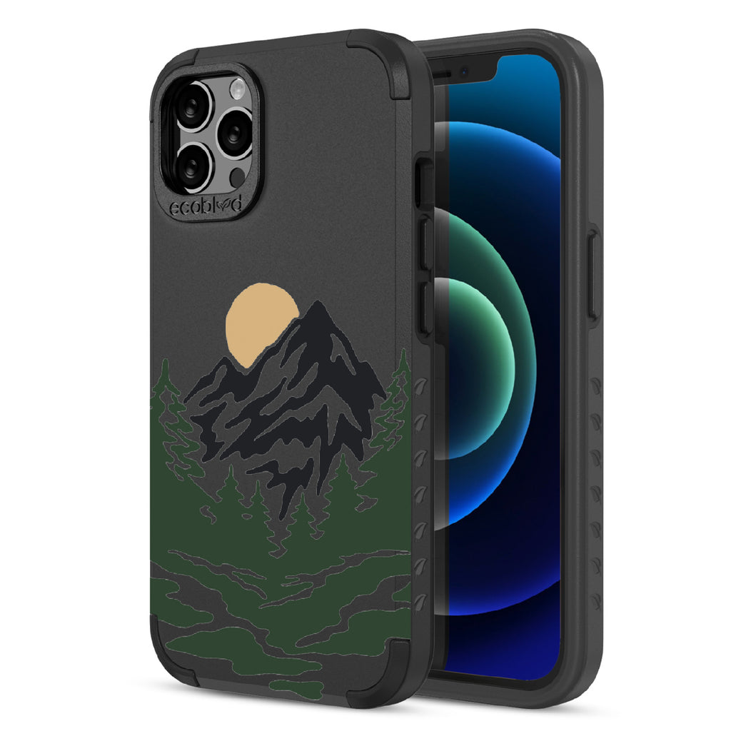 Mountains - Back View Of Black & Eco-Friendly Rugged iPhone 12/12 Pro Case & A Front View Of The Screen