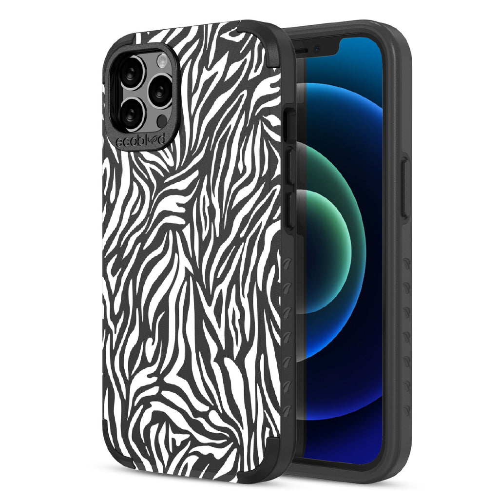 Zebra Print - Back View Of Black & Eco-Friendly Rugged iPhone 12/12 Pro Case & A Front View Of The Screen