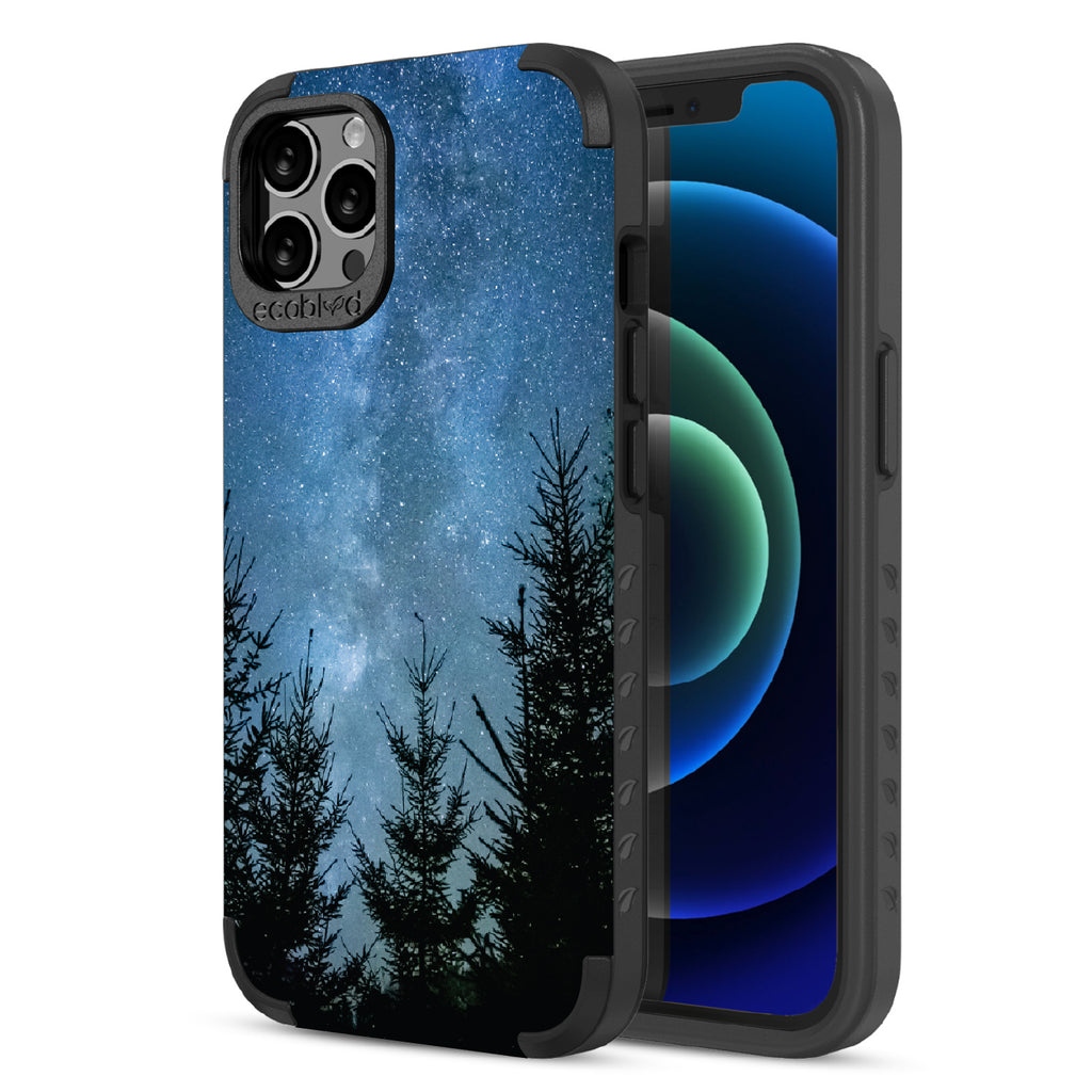 Stargazing - Back Of Black & Eco-Friendly Rugged iPhone 12/12 Pro Case & A Front View Of The Screen