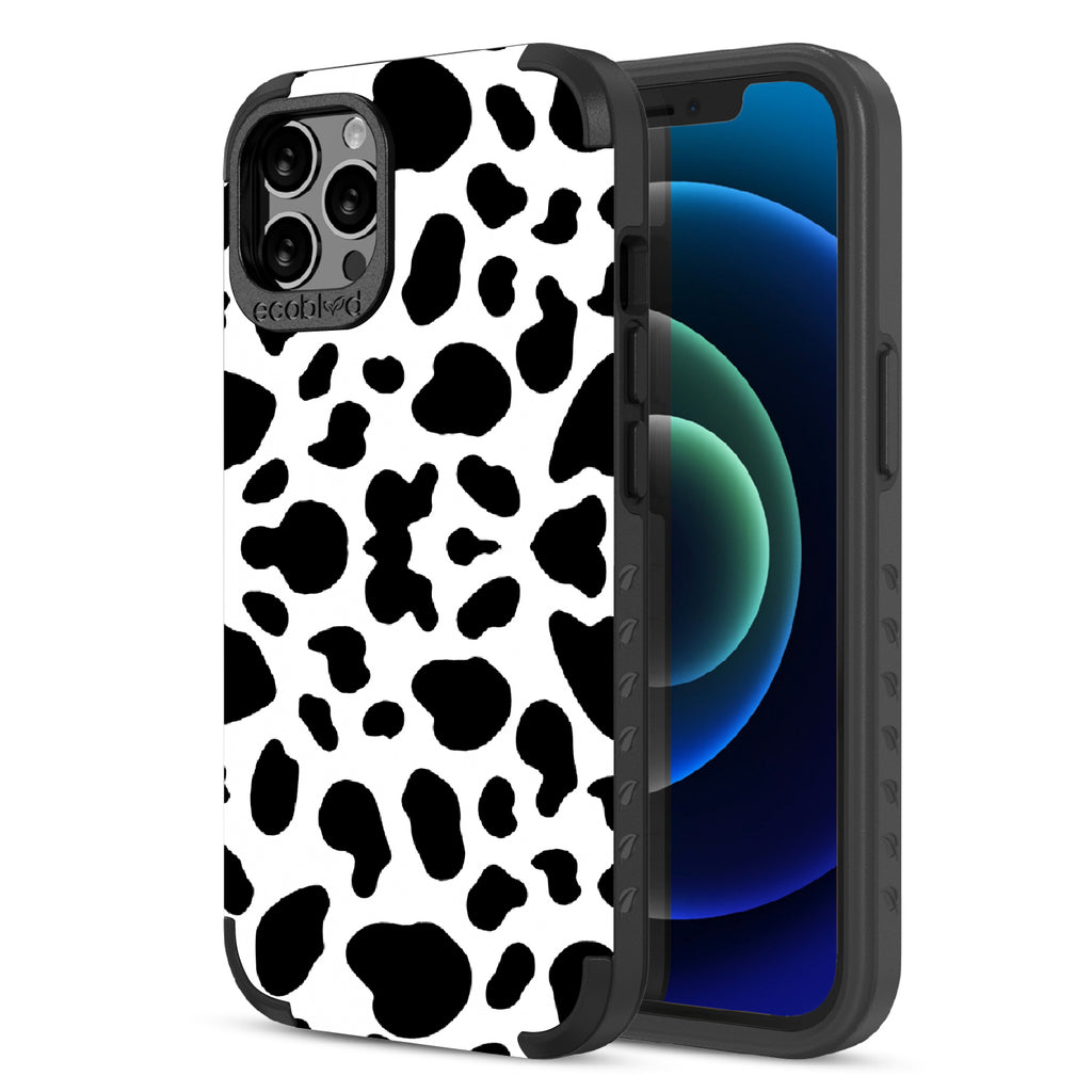 Cow Print - Back View Of Black & Eco-Friendly Rugged iPhone 12/12 Pro Case & A Front View Of The Screen