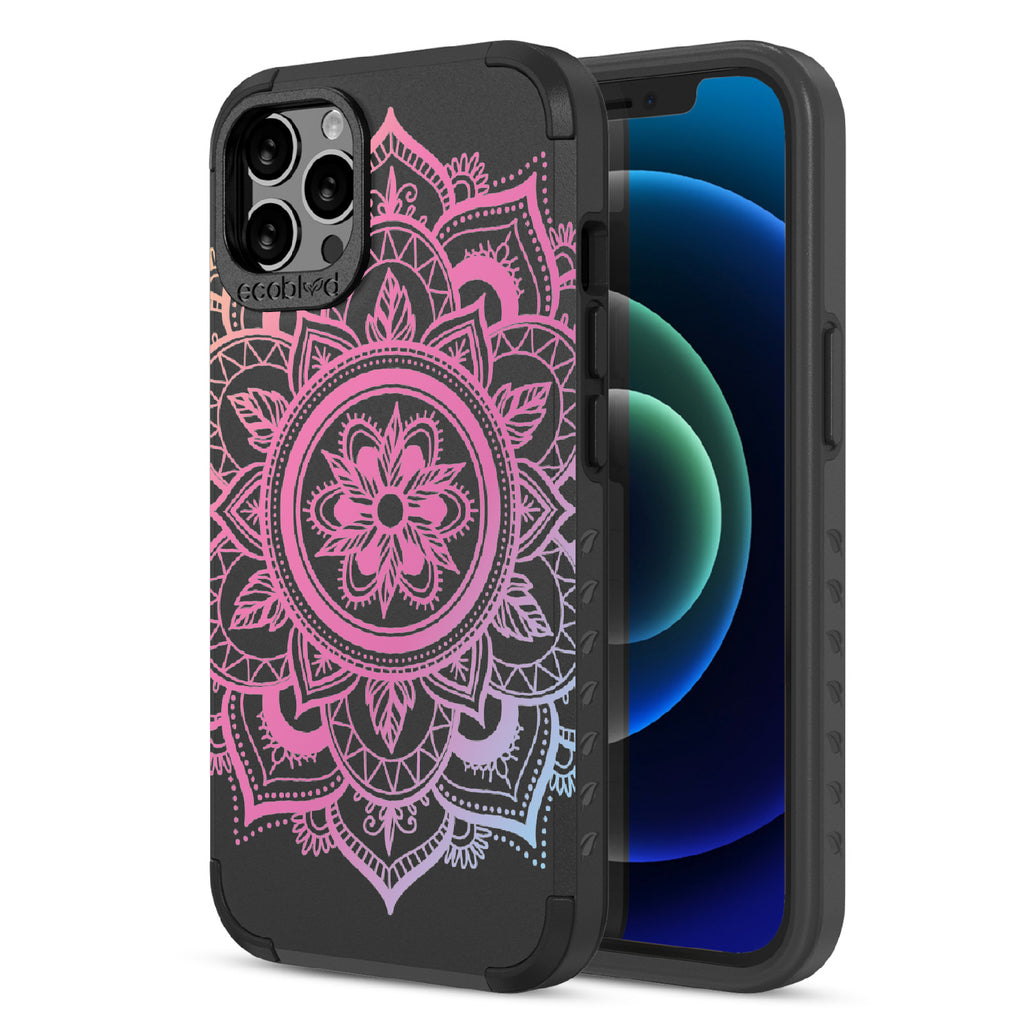 Mandala - Back View Of Black & Eco-Friendly Rugged iPhone 12/12 Pro Case & A Front View Of The Screen