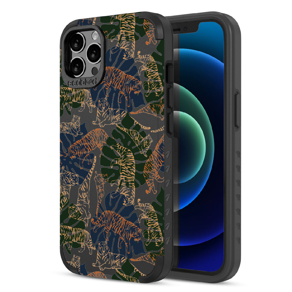 Tropic Roar - Back View Of Black & Eco-Friendly Rugged iPhone 12/12 Pro Case & A Front View Of The Screen