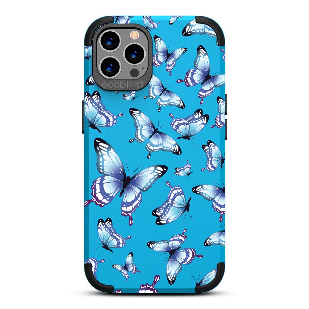Social Butterfly - Blue Rugged Eco-Friendly iPhone 12/12 Pro Case With Colorful Butterflies On Back