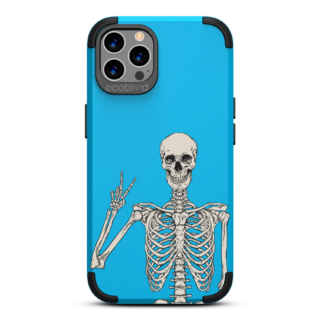 Creeping It Real - Blue Rugged Eco-Friendly iPhone 12/12 Pro Case With Skeleton Giving A Peace Sign On Back