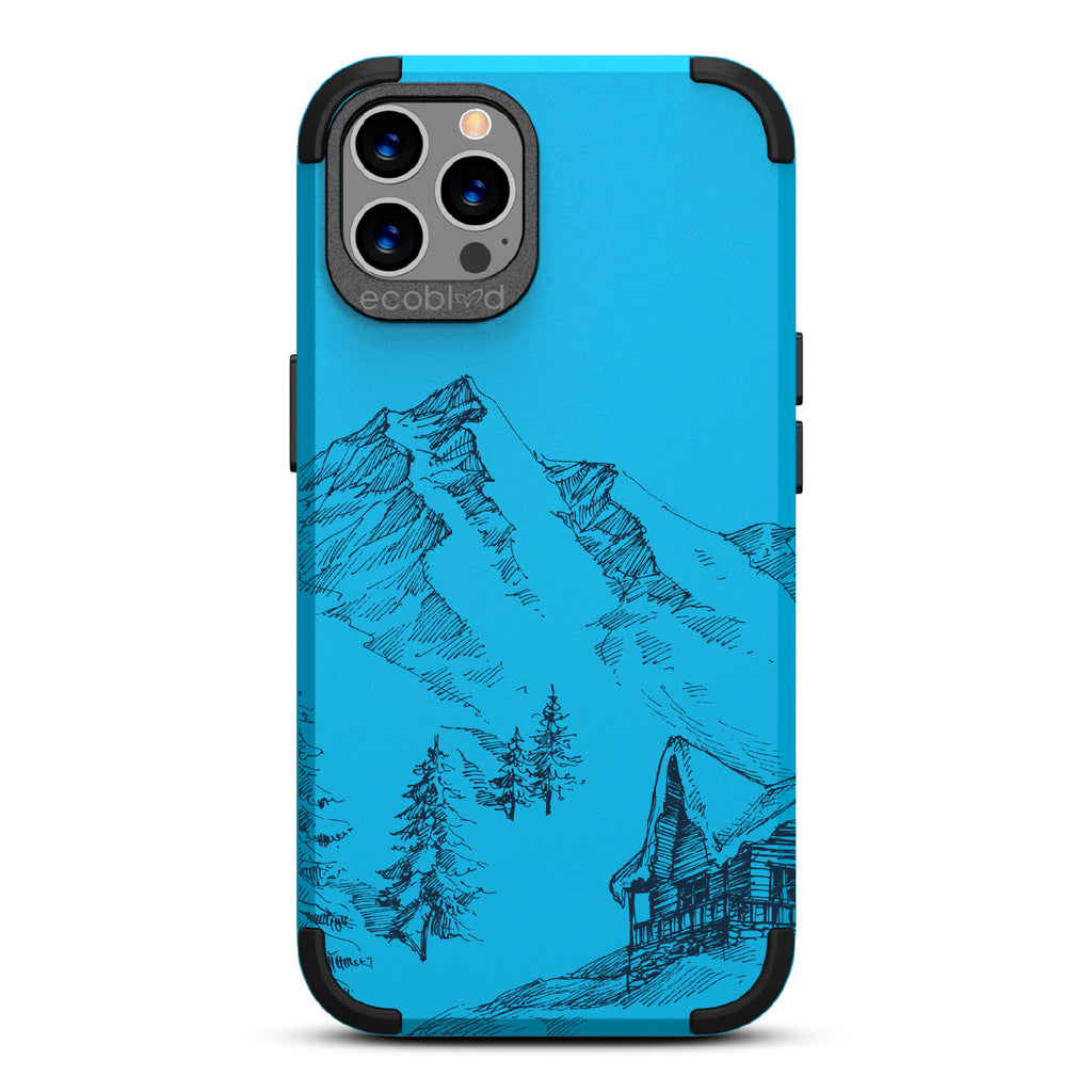 Cabin Retreat - Blue Rugged Eco-Friendly iPhone 12/12 Pro Case With Hand-Drawn Snowy Mountainside Wood Cabin