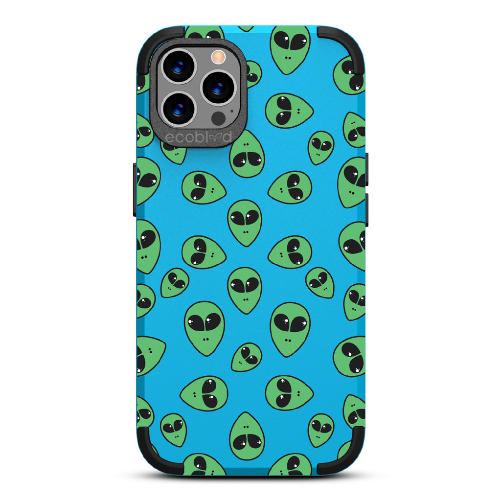 Aliens - Blue Rugged Eco-Friendly iPhone 12/12 Pro Case With With Green Cartoon Alien Heads On Back