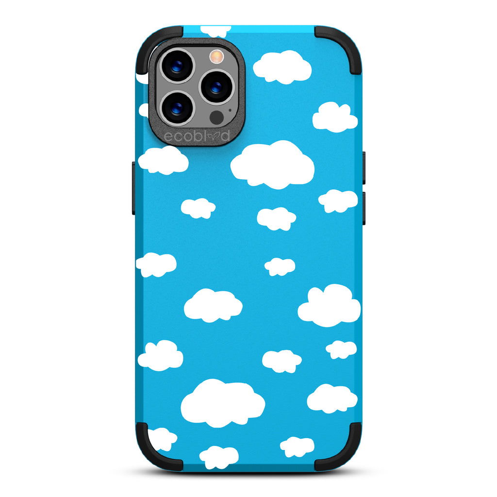 Clouds - Blue Rugged Eco-Friendly iPhone 12/12 Pro Case With A Fluffy White Cartoon Clouds Print On Back