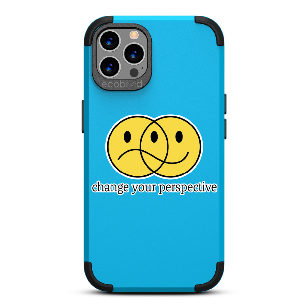 Perspective - Blue Rugged Eco-Friendly iPhone 12/12 Pro Case With A Happy/Sad Face & Change Your Perspective On Back