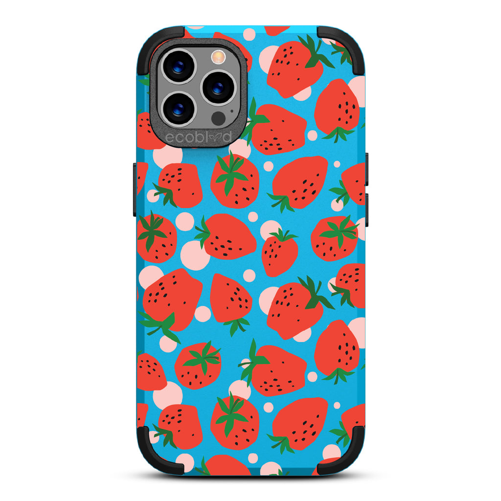 Strawberry Fields - Blue Rugged Eco-Friendly iPhone 12/12 Pro Case With Strawberries On Back
