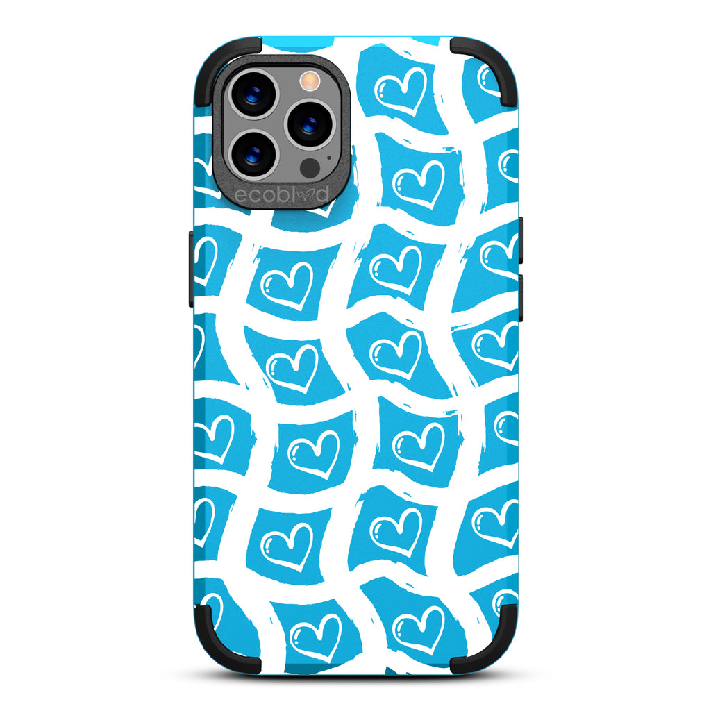 Waves Of Affection - Blue Rugged Eco-Friendly iPhone 12/12 Pro Case With Wavy Paint Stroke Checker Print With Hearts On Back