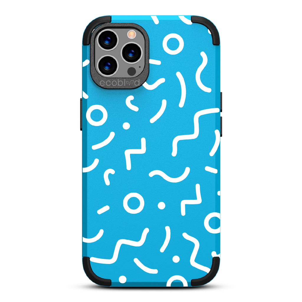 90's Kids  - Blue Rugged Eco-Friendly iPhone 12/12 Pro Case With Retro 90's Lines & Squiggles On Back