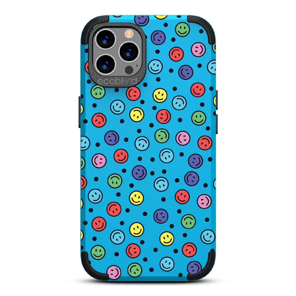 All Smiles - Blue Rugged Eco-Friendly iPhone 12/12 Pro Case With Multicolored Smiley Faces & Black Dots On Back