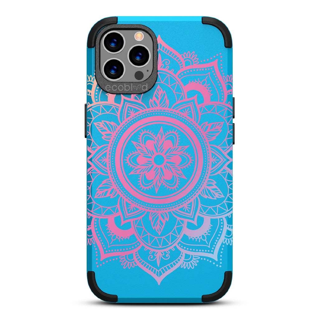 Mandala - Blue Rugged Eco-Friendly iPhone 12/12 Pro Case With A Pink Lotus Flower Mandala On Back