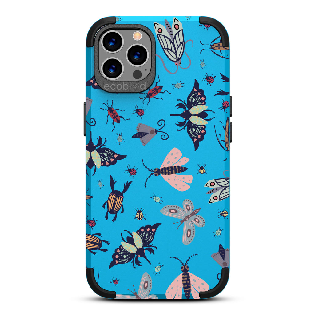 Bug Out - Blue Rugged Eco-Friendly iPhone 12/12 Pro Case With Butterflies, Moths, Dragonflies, And Beetles On Back