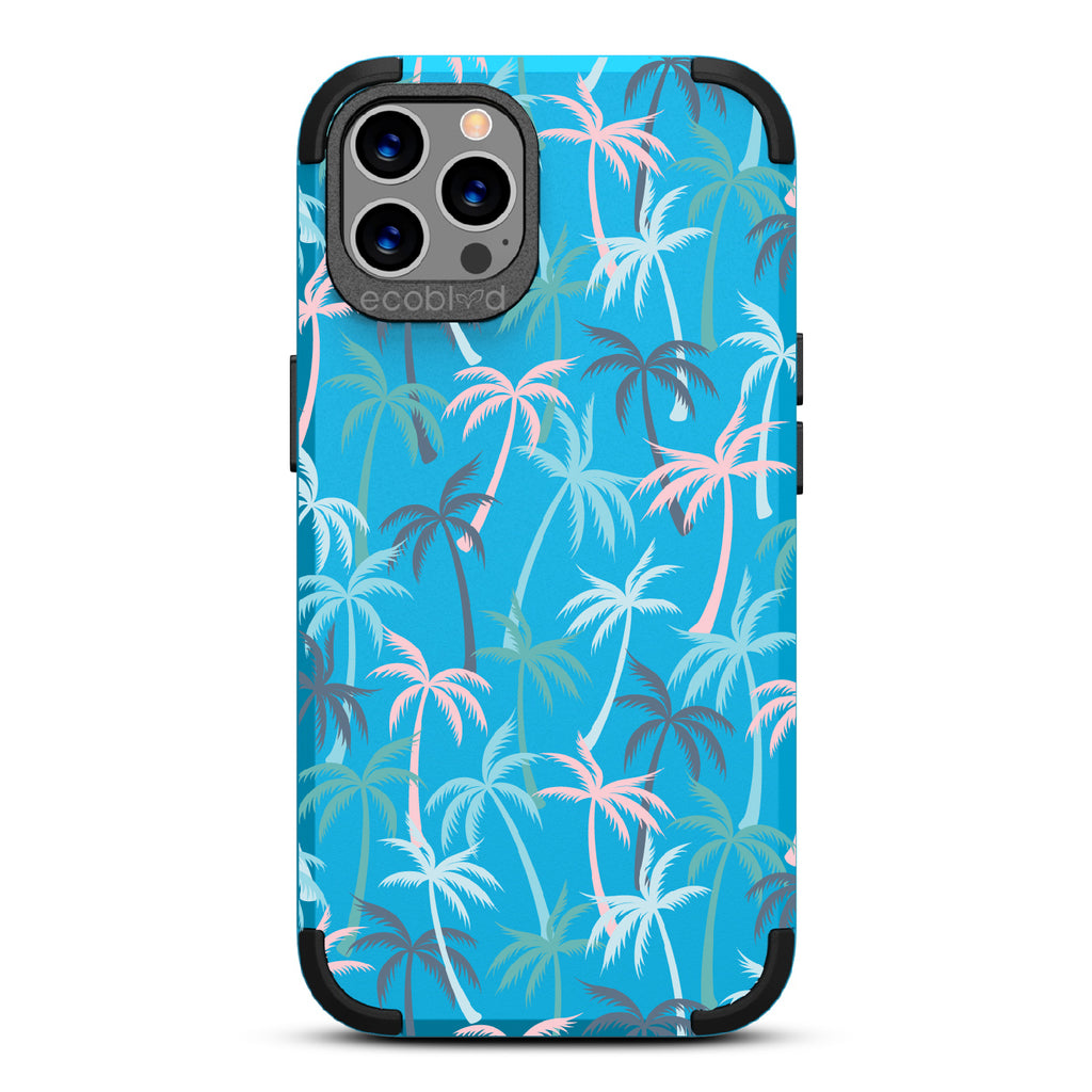 Cruel Summer - Blue Rugged Eco-Friendly iPhone 12/12 Pro Case With Hotline Miami Colored Tropical Palm Trees On Back 