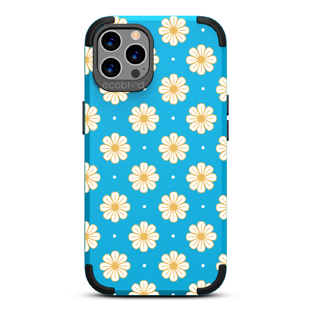 Daisy - Blue Rugged Eco-Friendly iPhone 12/12 Pro Case With A White Floral Pattern Of Daisies & Dots On Back