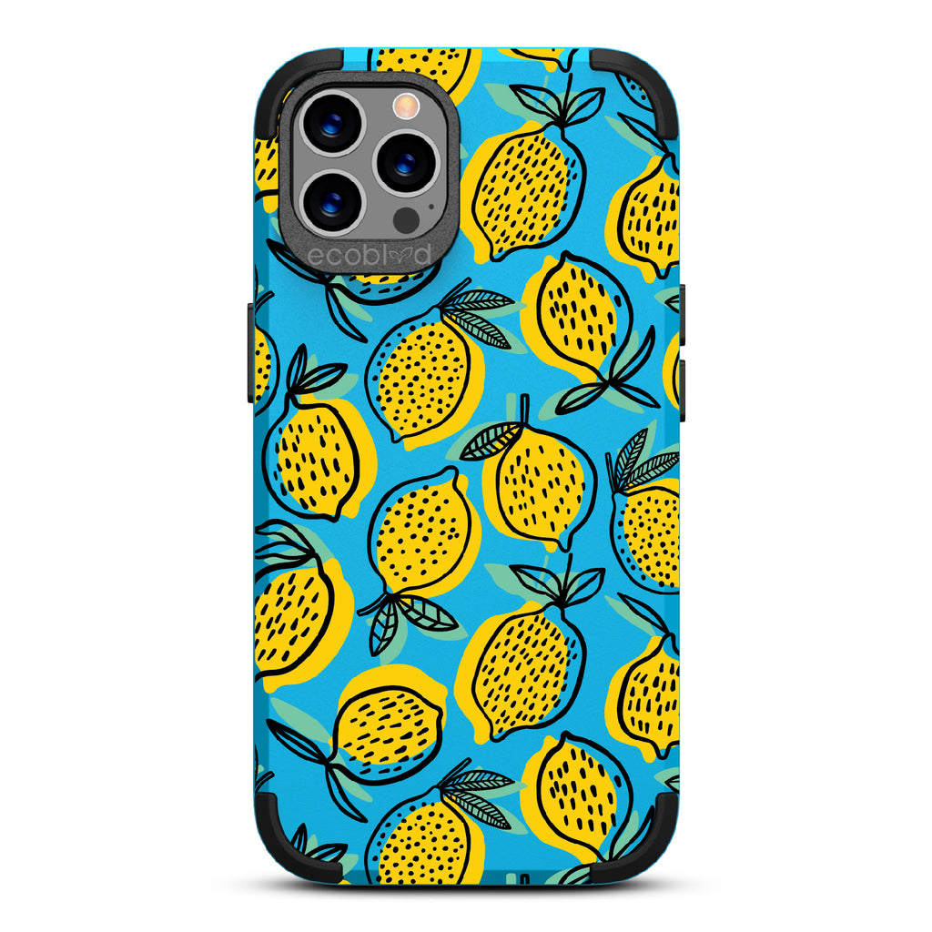 Lemon Drop - Blue Rugged Eco-Friendly iPhone 12/12 Pro Case With Retro Lemon Print On Back