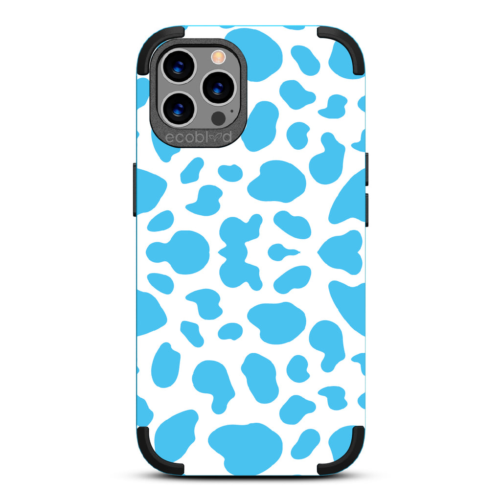 Cow Print - Black Rugged Eco-Friendly iPhone 12/12 Pro Case With Blue Cow Print On Back