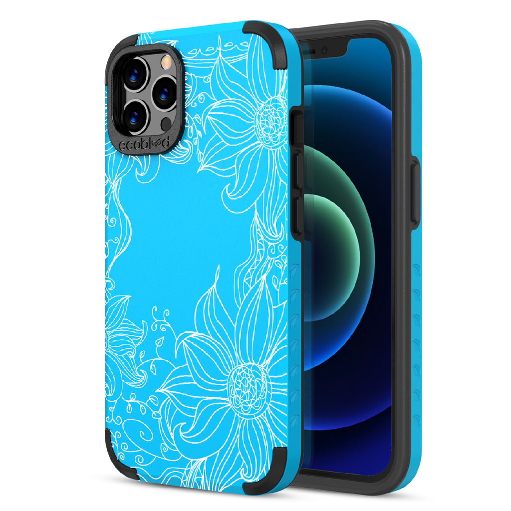 Flower Stencil - Back View Of Blue & Eco-Friendly Rugged iPhone 12/12 Pro Case & A Front View Of The Screen