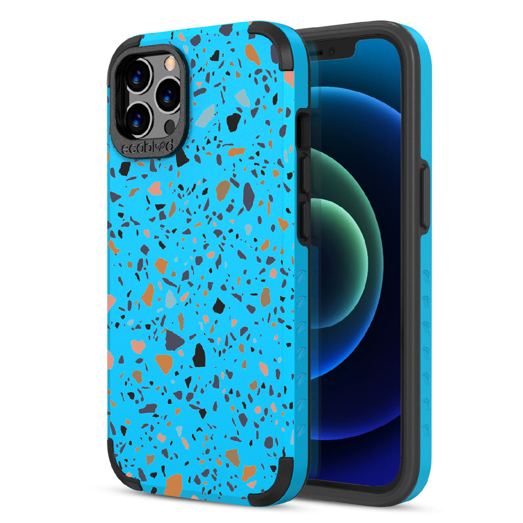 Terrazzo - Back Of Blue & Eco-Friendly Rugged iPhone 12/12 Pro Case & A Front View Of The Screen